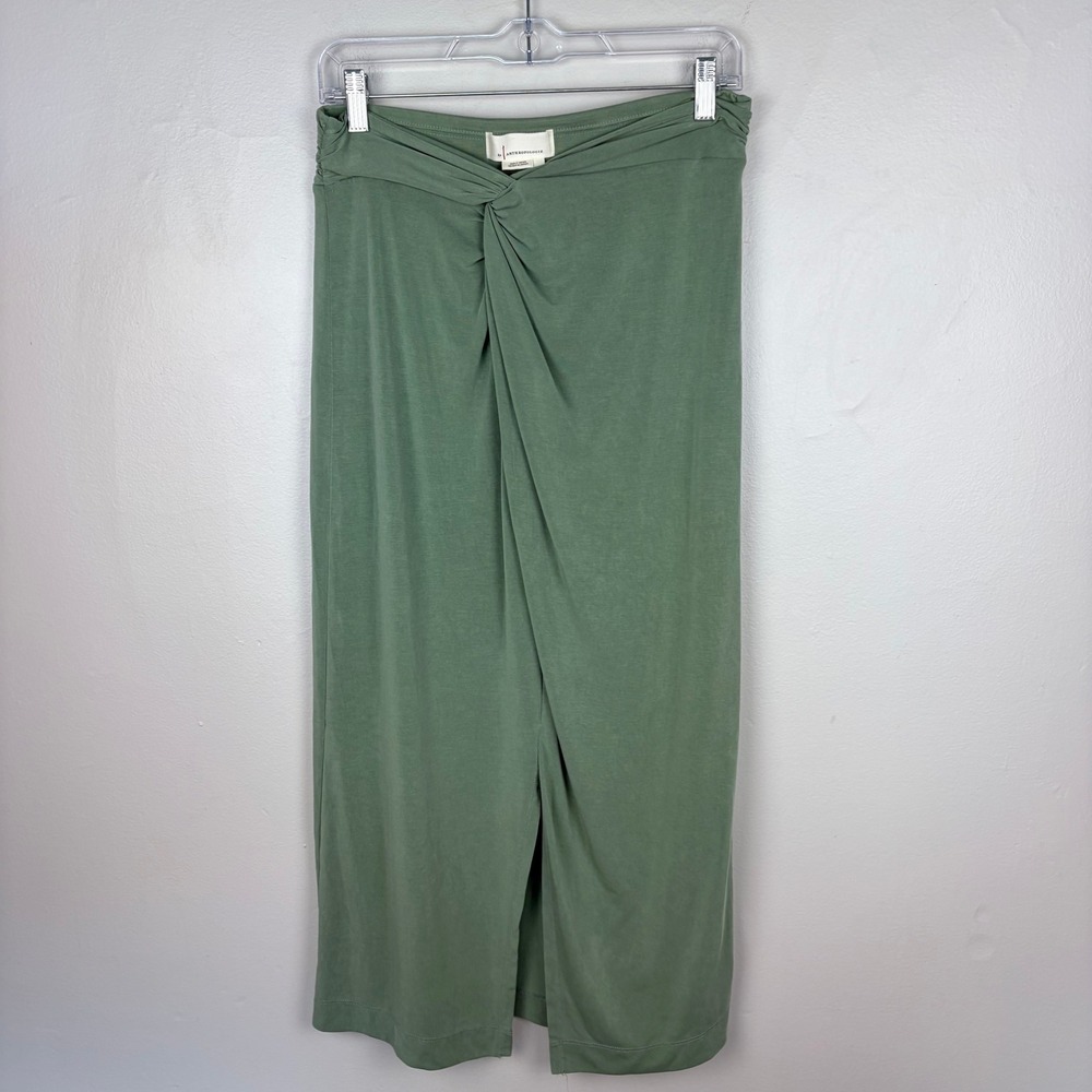 Anthropologie Juni Midi Skirt Light Green Twist Front Slit Elegant Size Medium - Picture 2 of 9